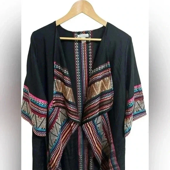 World Market Bohemian Embroidered Long Open Front Kimono Duster Aztec One Size - Picture 3 of 10